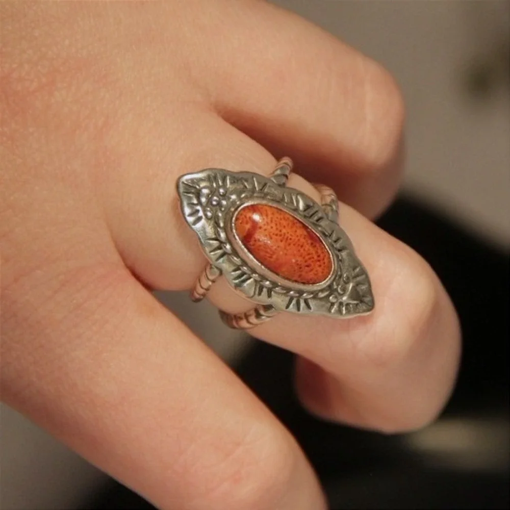 925‎ Sterling Silver Red Sponge Coral Southwestern Stamped Statement Ring Size 8